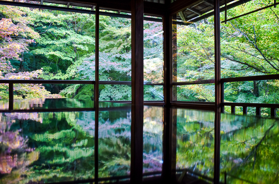 瑠璃光院_京都の秋と紅葉_写経机への映り込み緑